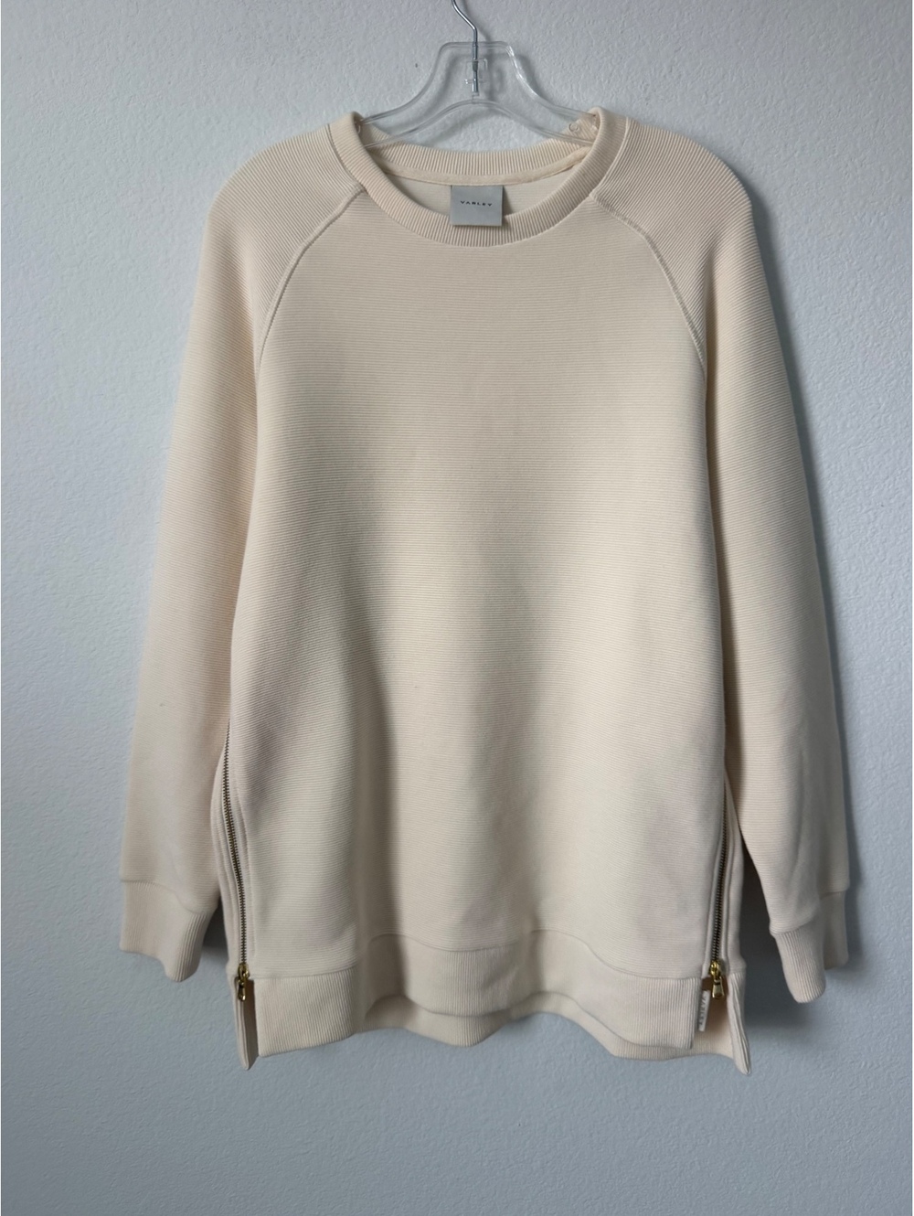 VARLEY Textured Cream Long Sleeve Crewneck Zip Side Pullover Sweatshirt Size M